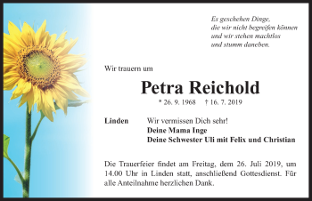 Traueranzeige von Petra Reichold von Neustadt/ Scheinfeld/ Uffenheim