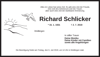 Traueranzeige von Richard Schlicker von Dinkelsbühl/ Feuchtwangen