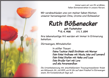 Traueranzeige von Ruth Bößenecker von Dinkelsbühl/ Feuchtwangen