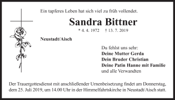 Traueranzeige von Sandra Bittner von Neustadt/ Scheinfeld/ Uffenheim