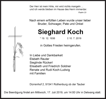 Traueranzeige von Sieghard Koch von Rothenburg