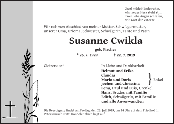 Traueranzeige von Susanne Cwikla von Ansbach