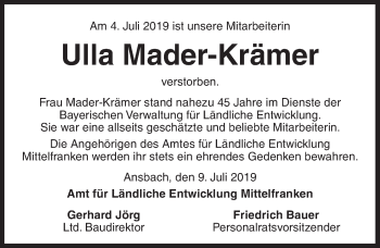 Traueranzeige von Ulla Mader-Krämer von Ansbach