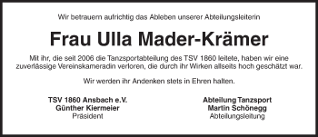 Traueranzeige von Ulla Mader-Krämer von Ansbach