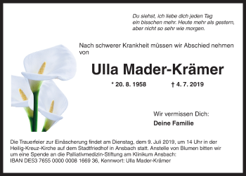 Traueranzeige von Ulla Mader-Krämer von Ansbach