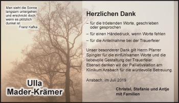 Traueranzeige von Ulla Mader-Krämer von Ansbach