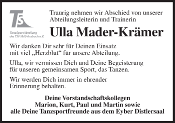Traueranzeige von Ulla Mader-Krämer von Ansbach