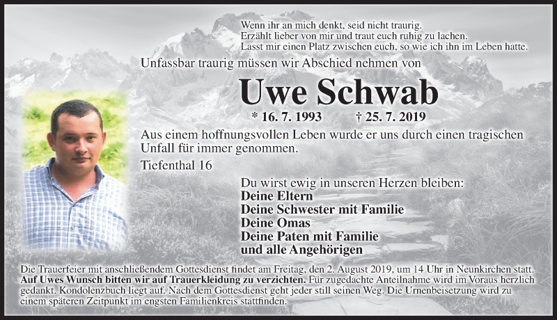  Traueranzeige für Uwe Schwab vom 30.07.2019 aus Ansbach