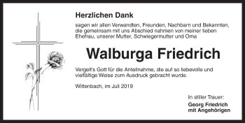 Traueranzeige von Walburga Friedrich von Dinkelsbühl/ Feuchtwangen