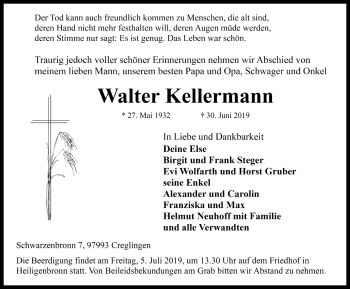 Traueranzeige von Walter Kellermann von Rothenburg