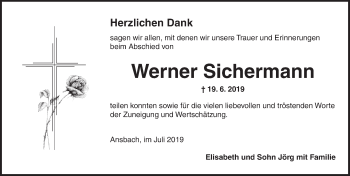 Traueranzeige von Werner Sichermann von Ansbach
