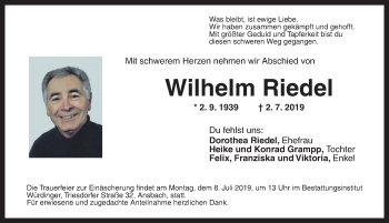Traueranzeige von Wilhelm Riedel von Ansbach