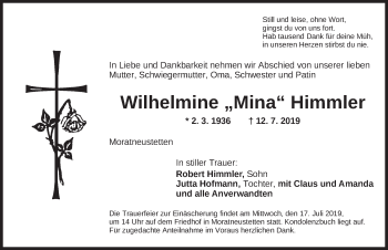 Traueranzeige von Wilhelmine  Himmler von Ansbach