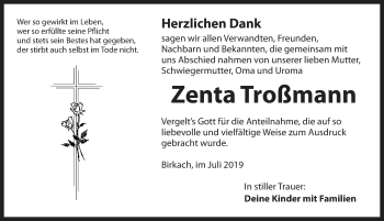 Traueranzeige von Zenta Troßmann von Dinkelsbühl/ Feuchtwangen