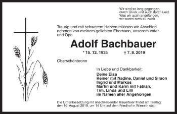 Traueranzeige von Adolf Bachbauer von Dinkelsbühl/ Feuchtwangen