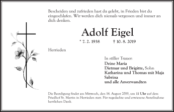 Traueranzeige von Adolf Eigel von Ansbach