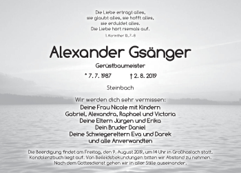 Traueranzeige von Alexander Gsänger von Ansbach