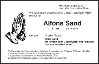 Traueranzeige von Alfons Sand von Ansbach