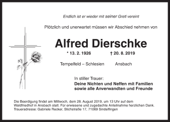 Traueranzeige von Alfred Dierschke von Ansbach