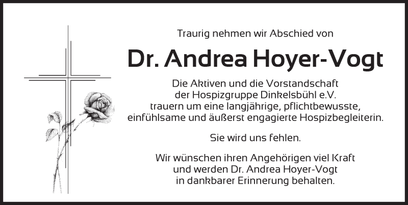  Traueranzeige für Andrea Hoyer-Vogt vom 10.08.2019 aus Dinkelsbühl/ Feuchtwangen