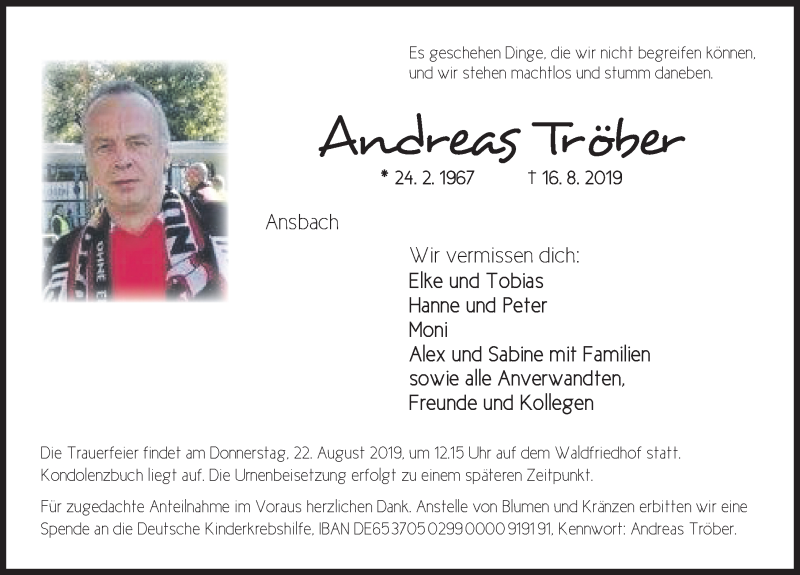  Traueranzeige für Andreas Tröber vom 21.08.2019 aus Ansbach