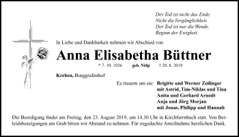 Traueranzeige von Anna Elisabetha Büttner von Neustadt/ Scheinfeld/ Uffenheim