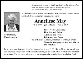 Traueranzeige von Anneliese May von Neustadt/ Scheinfeld/ Uffenheim