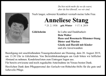 Traueranzeige von Anneliese Stang von Neustadt/ Scheinfeld/ Uffenheim