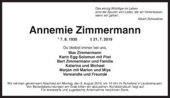 Traueranzeige von Annemie Zimmermann von Ansbach