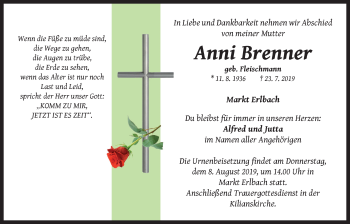 Traueranzeige von Anni Brenner von Neustadt/ Scheinfeld/ Uffenheim