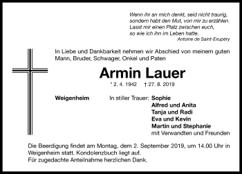 Traueranzeige von Armin Lauer von Neustadt/ Scheinfeld/ Uffenheim