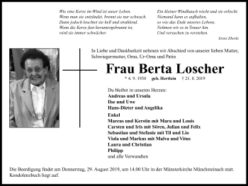 Traueranzeige von Berta Loscher von Neustadt/ Scheinfeld/ Uffenheim