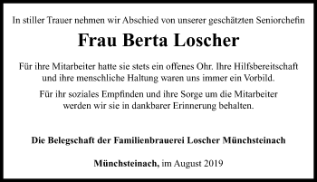 Traueranzeige von Berta Loscher von Neustadt/ Scheinfeld/ Uffenheim