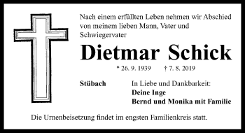 Traueranzeige von Dietmar Schick von Neustadt/ Scheinfeld/ Uffenheim