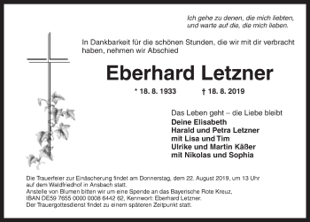 Traueranzeige von Eberhard Letzner von Ansbach
