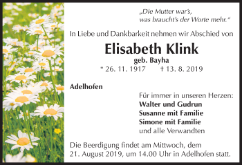 Traueranzeige von Elisabeth Klink von Neustadt/ Scheinfeld/ Uffenheim