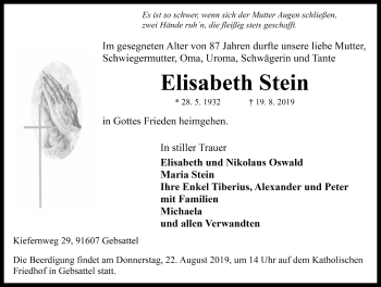 Traueranzeige von Elisabeth Stein von Rothenburg