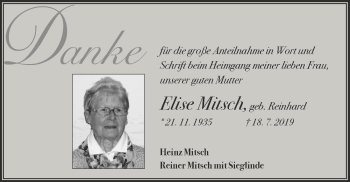 Traueranzeige von Elise Mitsch von Ansbach