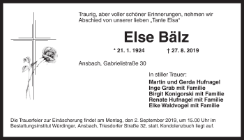 Traueranzeige von Else Bälz von Ansbach