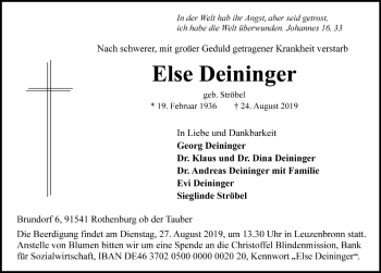 Traueranzeige von Else Deininger von Rothenburg (Fränkischer Anzeiger)