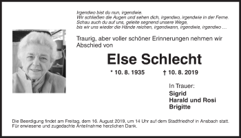 Traueranzeige von Else Schlecht von Ansbach