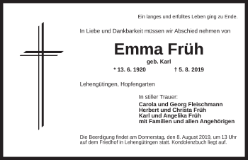 Traueranzeige von Emma Früh von Dinkelsbühl/ Feuchtwangen