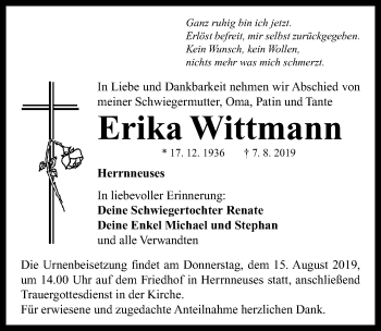 Traueranzeige von Erika Wittmann von Neustadt/ Scheinfeld/ Uffenheim