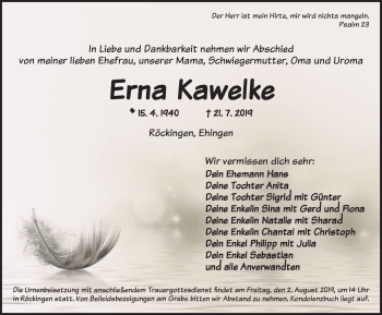 Traueranzeige von Erna Kawelke von Dinkelsbühl/ Feuchtwangen