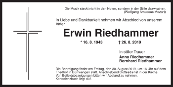 Traueranzeige von Erwin Riedhammer von Dinkelsbühl/ Feuchtwangen