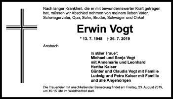 Traueranzeige von Erwin Vogt von Ansbach