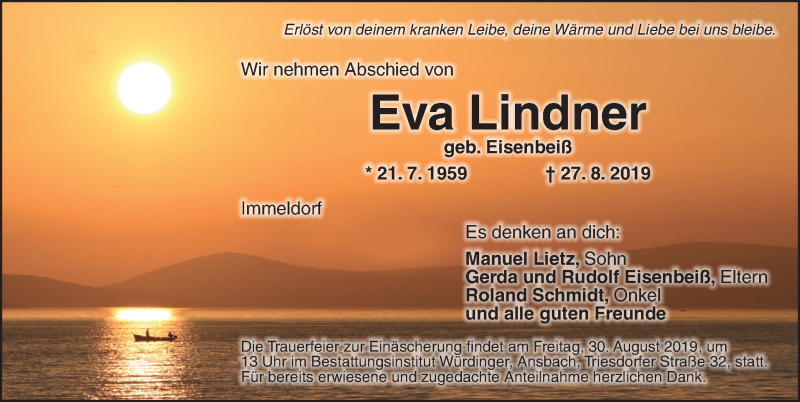  Traueranzeige für Eva Lindner vom 29.08.2019 aus Ansbach