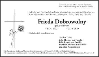 Traueranzeige von Frieda Dobrowolny von Dinkelsbühl/ Feuchtwangen