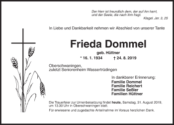 Traueranzeige von Frieda Dommel von Dinkelsbühl/ Feuchtwangen