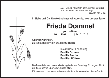 Traueranzeige von Frieda Dommel von Dinkelsbühl/ Feuchtwangen